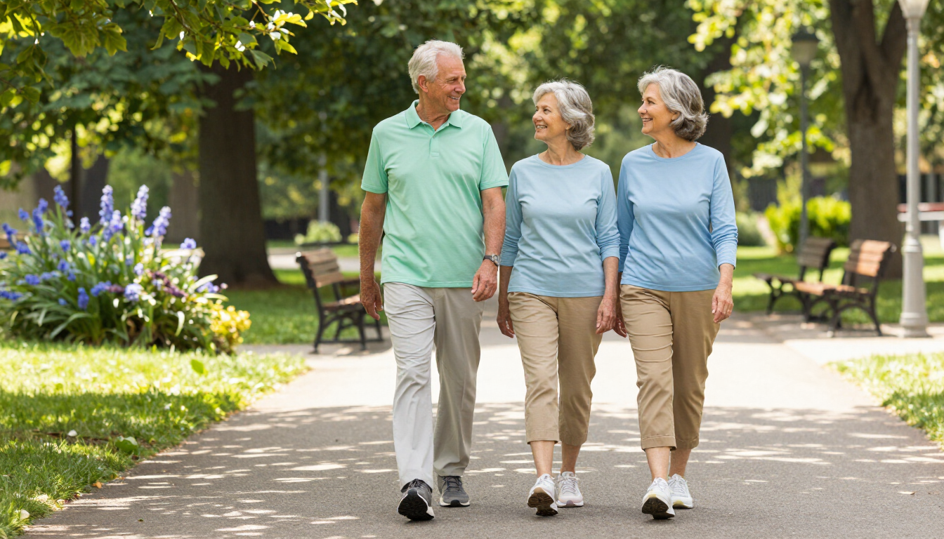 Senior couple walking comfortably on a path