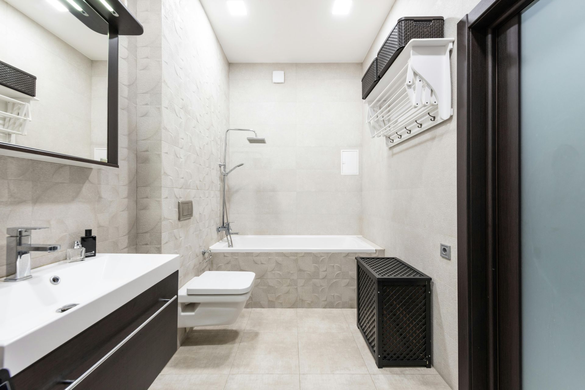 A bathroom with ceramic flooring
