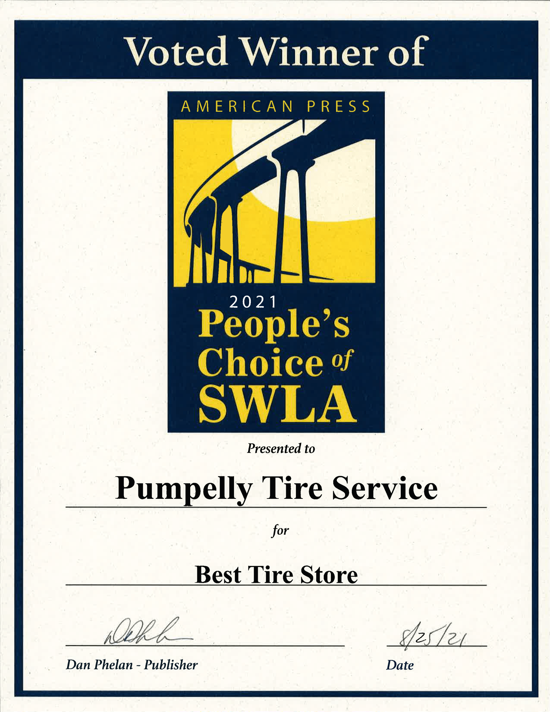 A 2021 American Press People's Choice of SWLA award certificate for Pumpelly Tire Service, winner of Best Tire Store.
