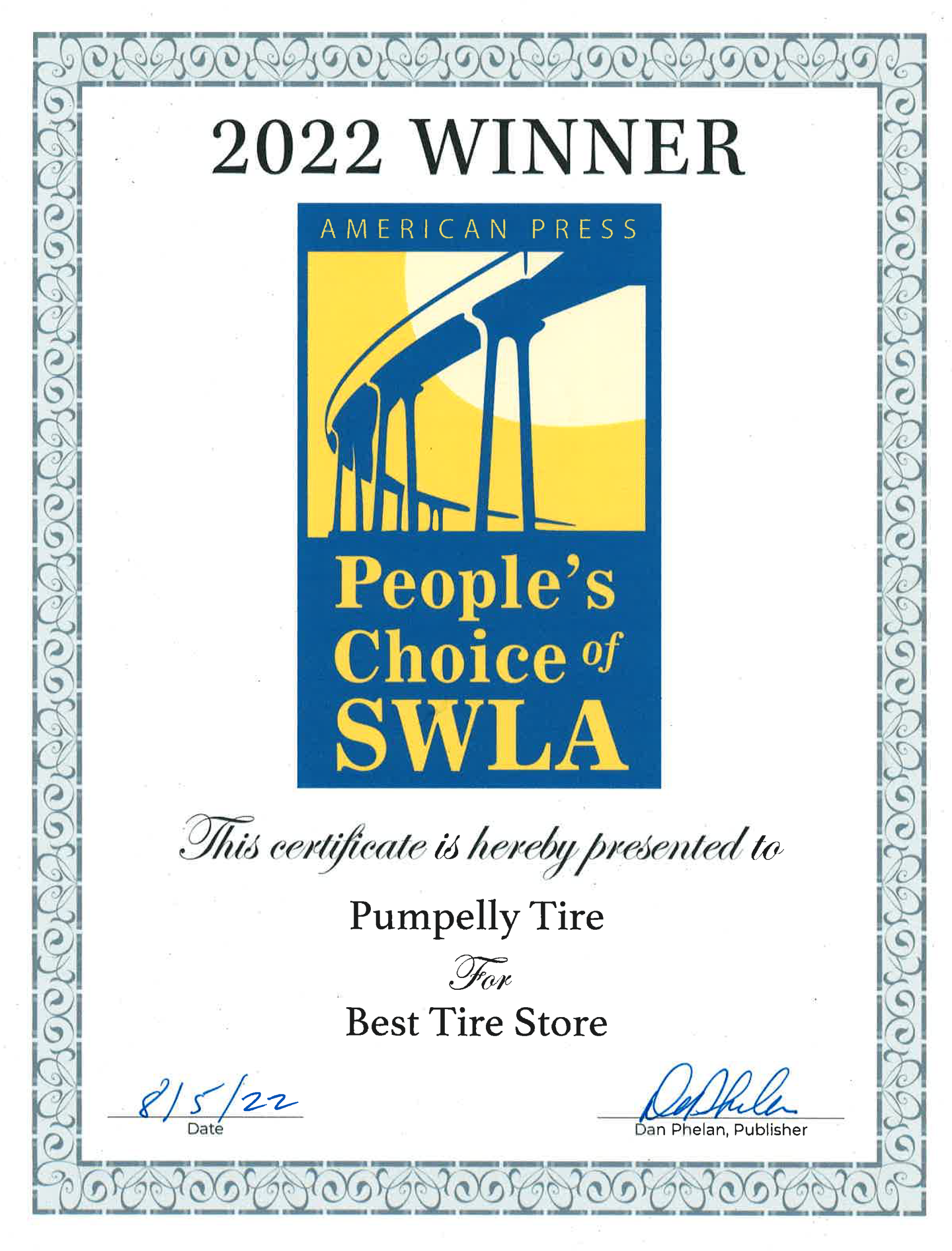 2022 People's Choice of SWLA certificate awarded to Pumpelly Tire for Best Tire Store.