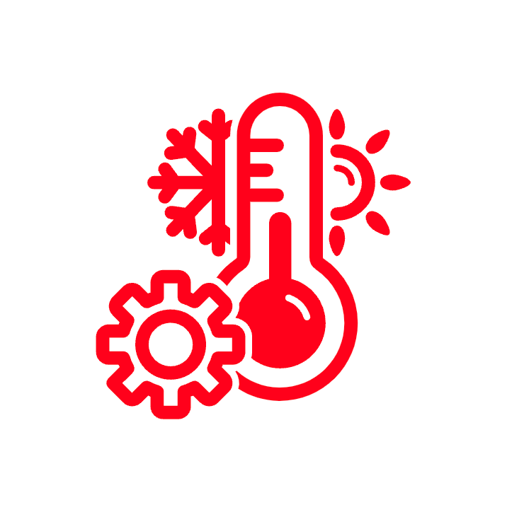 A red thermometer with gears and snowflakes on it.