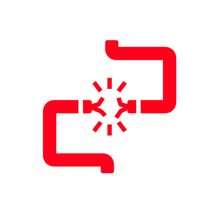 A red icon of two pipes connected to each other on a white background.