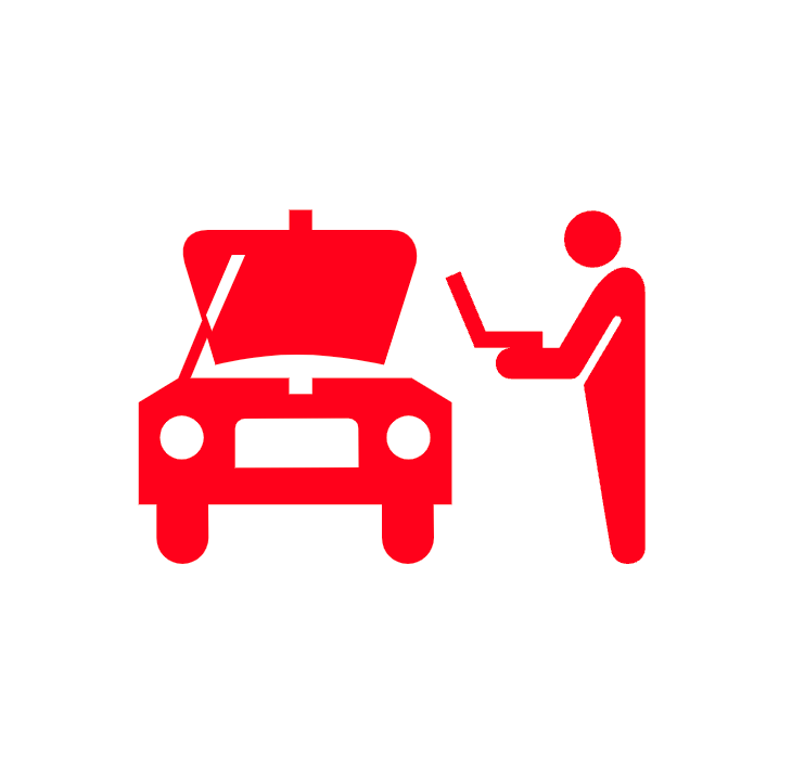 A man is standing next to a car with the hood open and looking at a laptop.