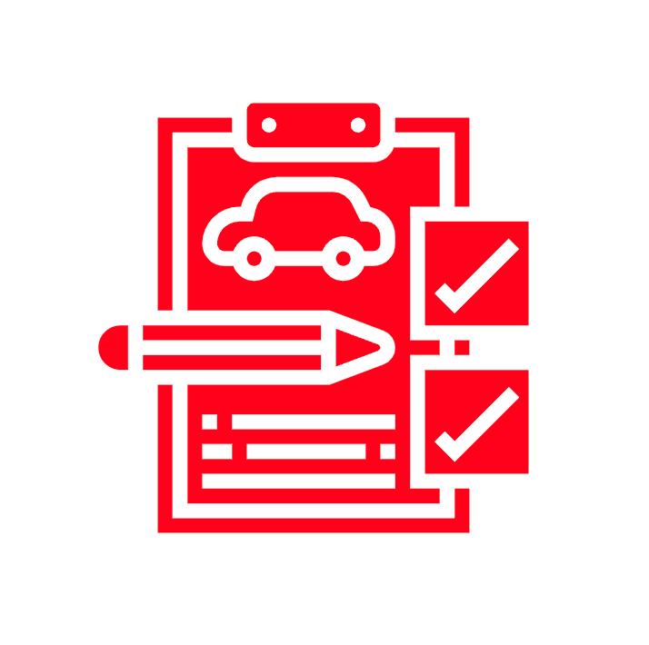 A clipboard with a pencil , car , and check marks on it.