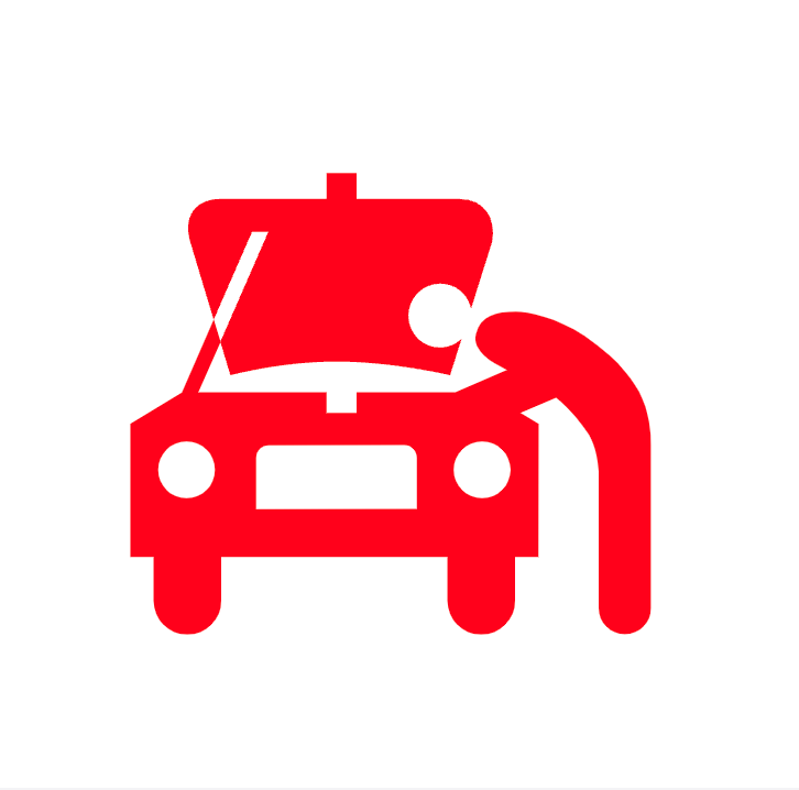 A red icon of a man looking under the hood of a car.