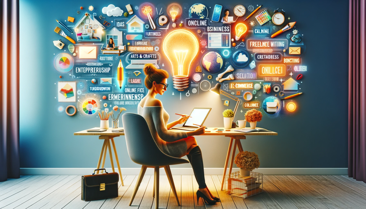 A woman is sitting at a desk with a laptop and a light bulb coming out of the wall.