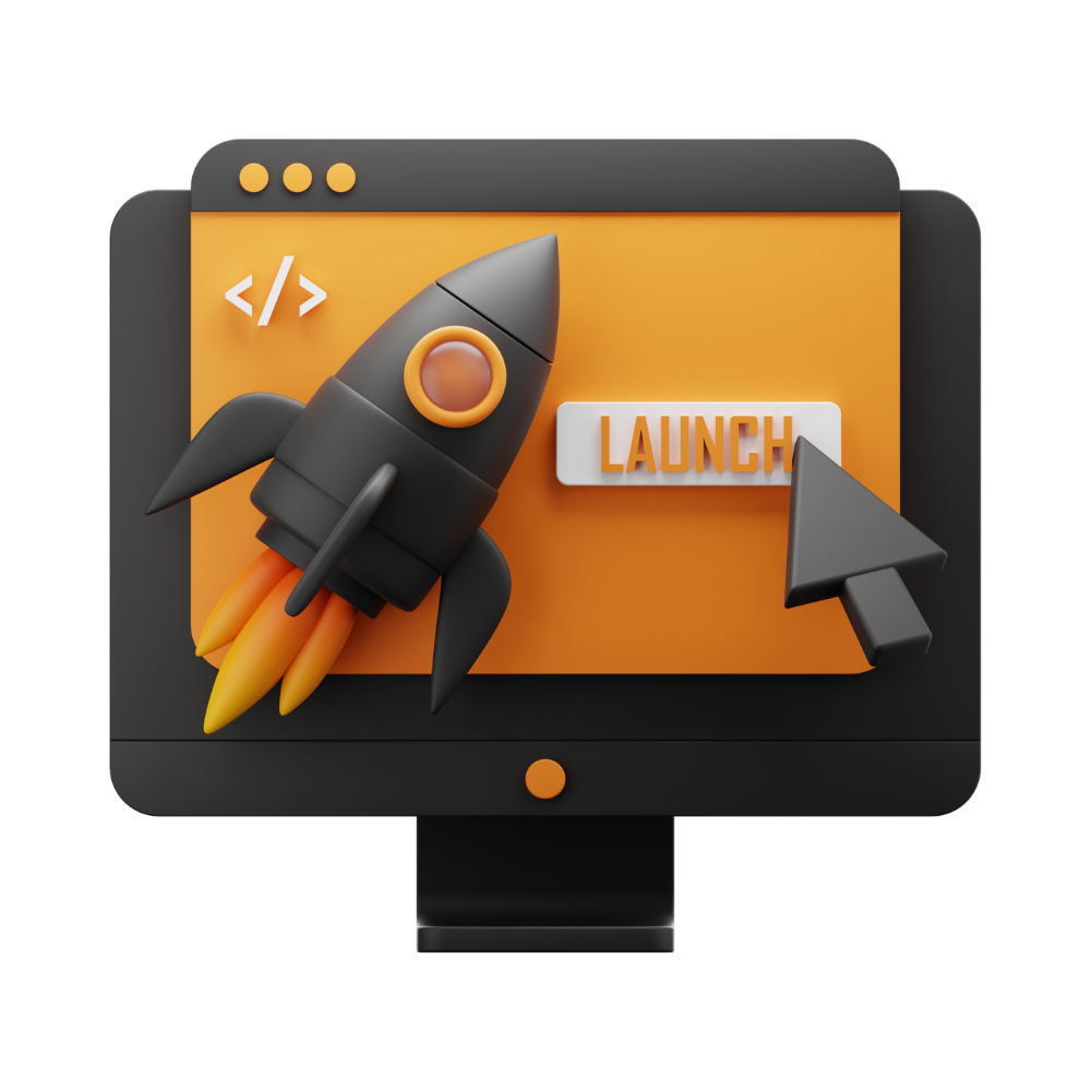 a computer monitor with a rocket and a mouse pointer on it .