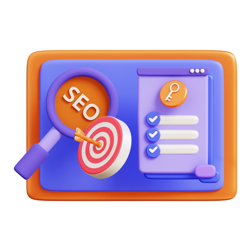 a 3d illustration of a magnifying glass , a target , and a notepad .