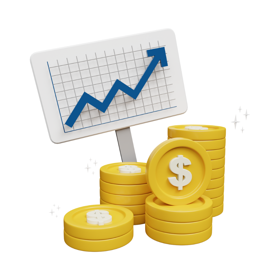 a 3d illustration of a graph and stacks of coins .