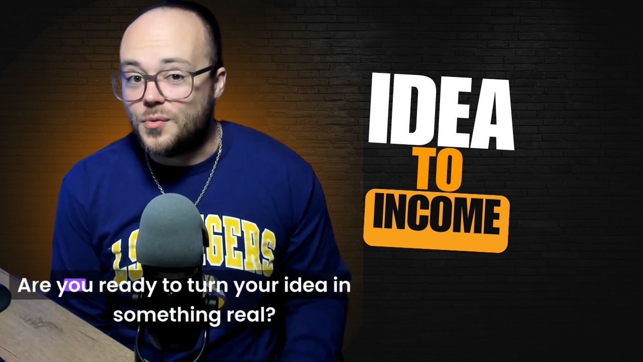 guy wearing glasses in front of a backdrop that says idea to income.