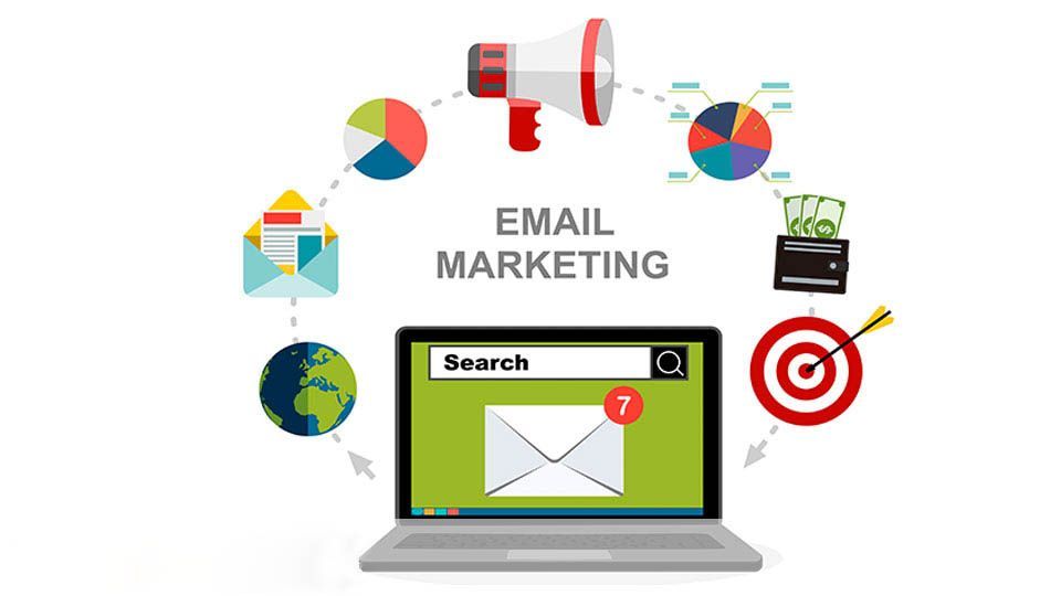 a laptop computer is surrounded by icons for email marketing .