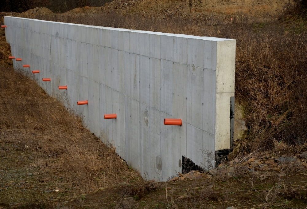 Concrete Retaining Wall With Orange Pipes in a Grassy, Outdoor Area — BC Earthmoving & Civil Construction in East Barron QLD