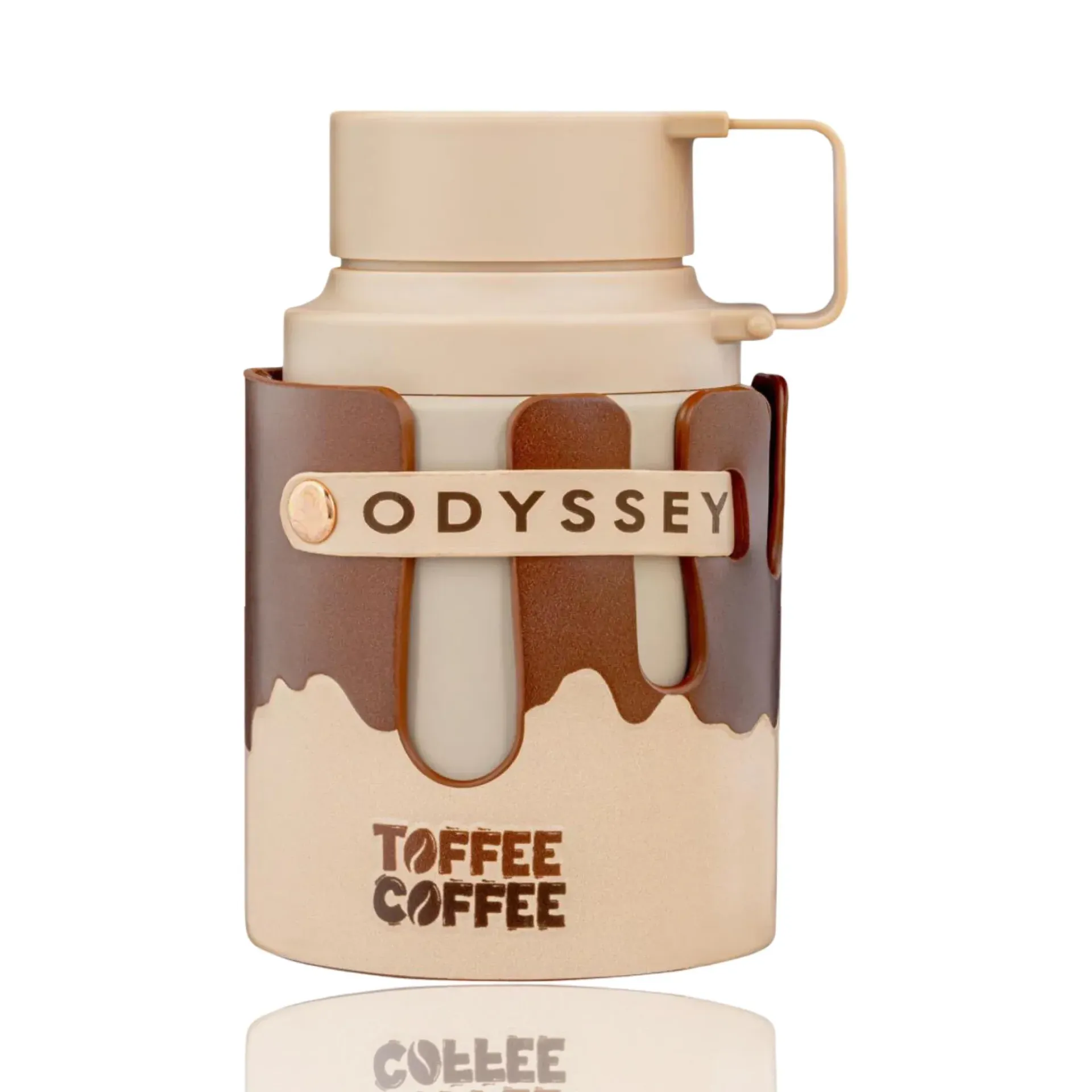 Reisbeker en doos met toffee-koffieprint, beige en bruin met een chocolade-druipend patroon.