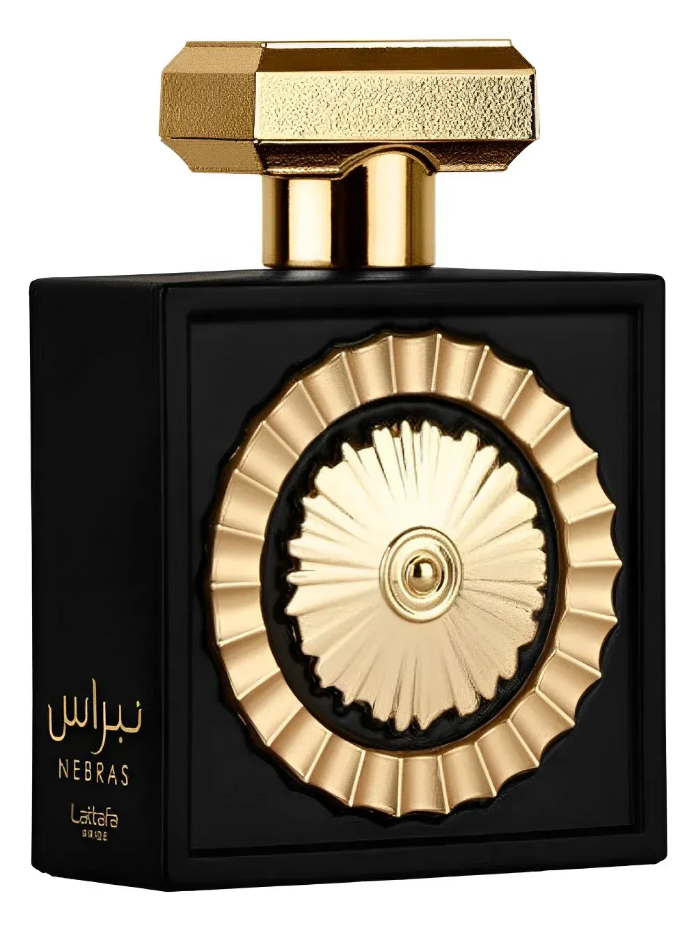 Zwarte parfumfles met gouden accenten en een rode doos.