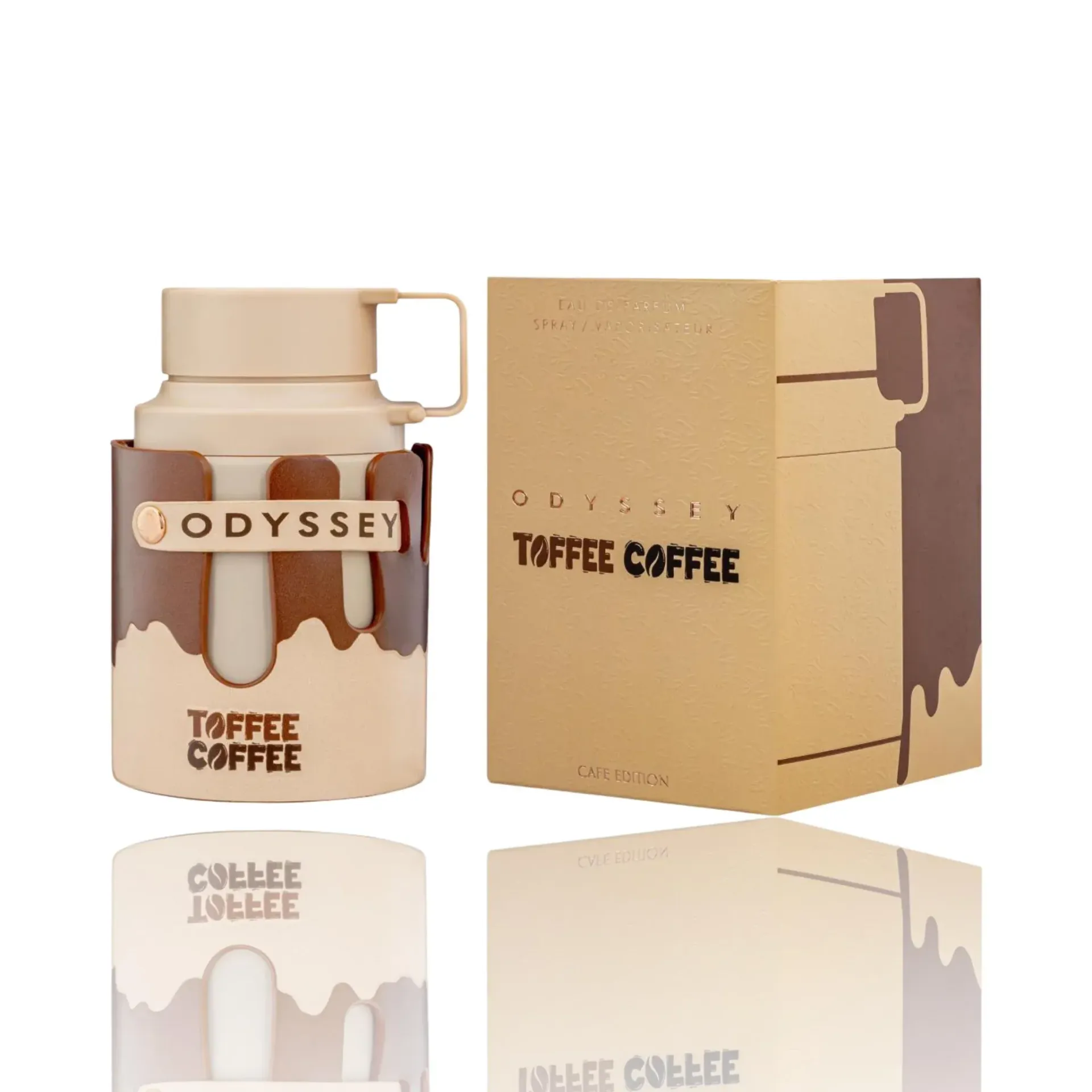 Reisbeker en doos met toffee-koffieprint, beige en bruin met een chocolade-druipend patroon.