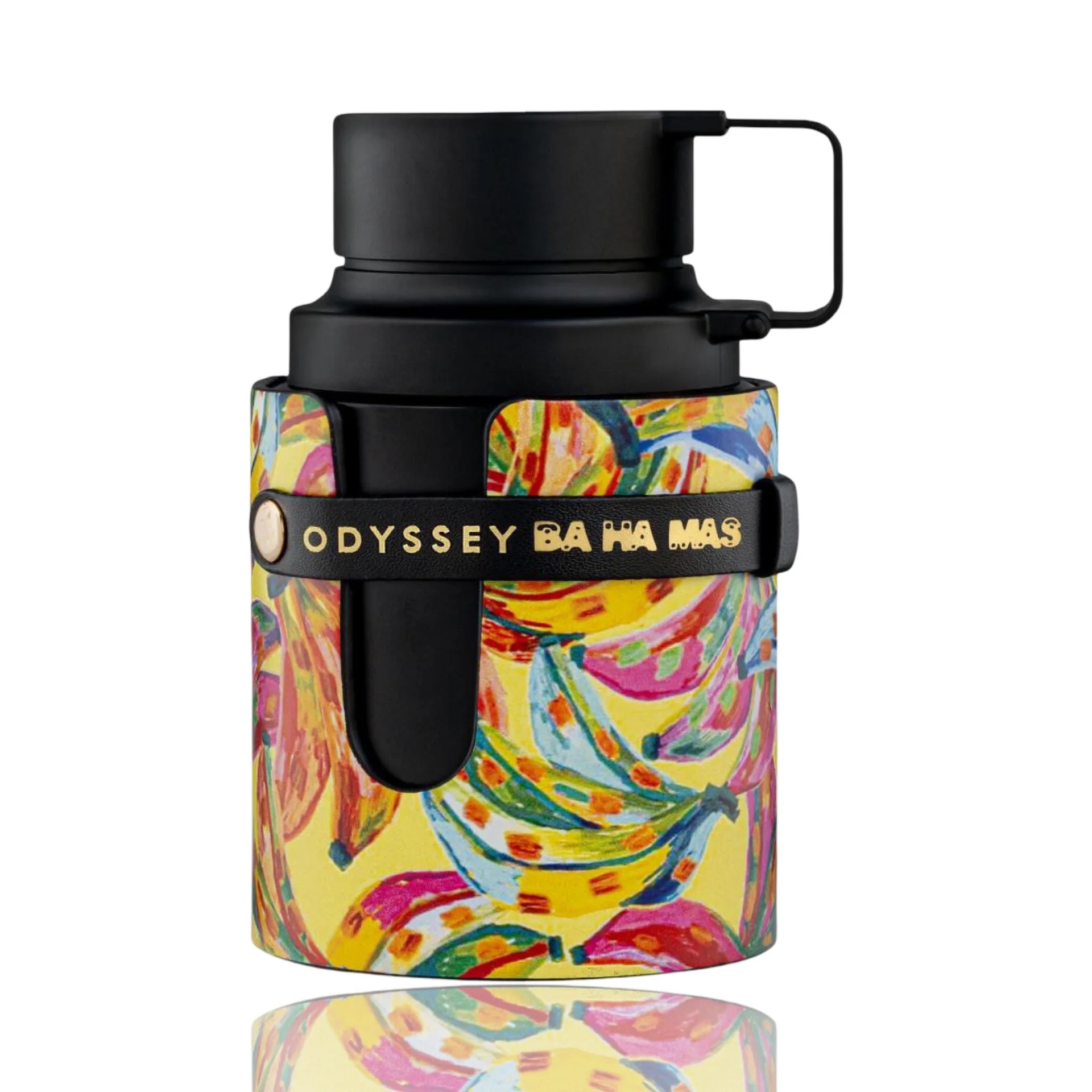 Parfumfles en -doos van Odyssey Bahama met een bananen- en bladmotief op een gele achtergrond.
