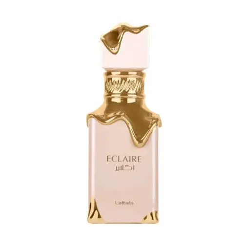 Parfumflesje, Eclaire van Lattafa, lichtroze met gouden accenten, witte dop.