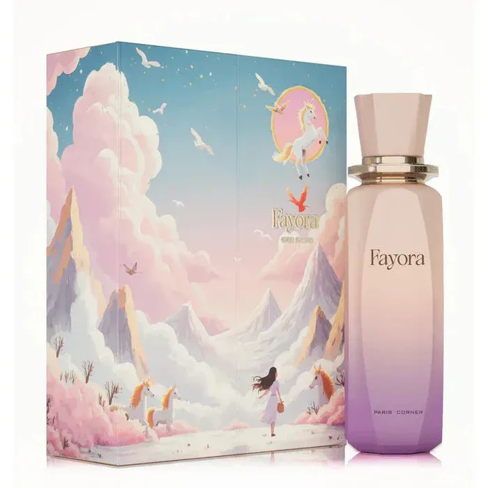 Parfumflesje en -doos met pastelillustratie van een eenhoorn, bergen en een vrouw.