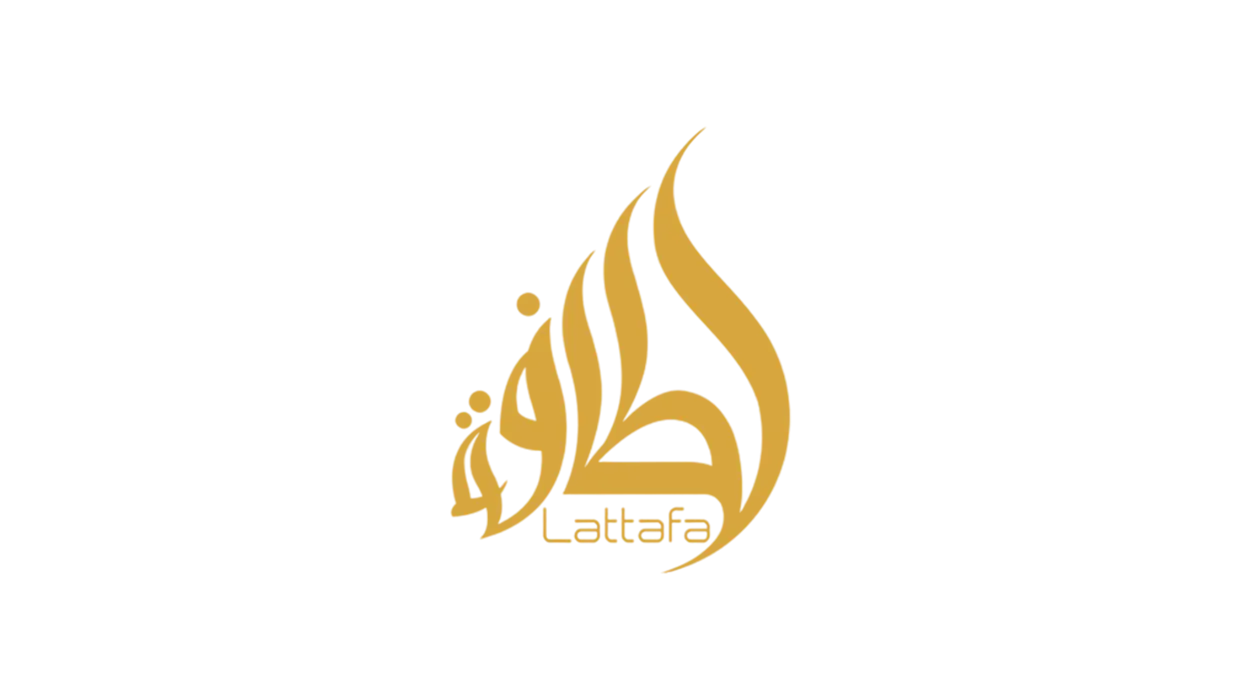 Het gouden Lattafa-logo met Arabisch schrift en een gestileerde vlamvorm op een witte achtergrond.