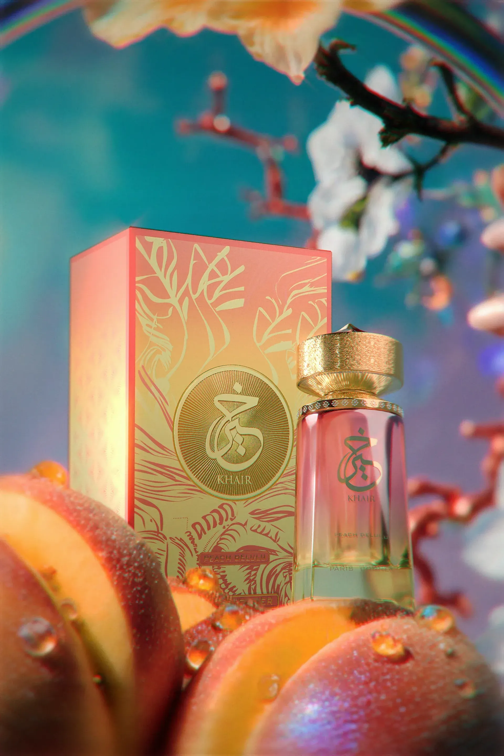 Parfumflesje en -doos met gouden accenten, perzikkleurige en bloemenachtergrond.