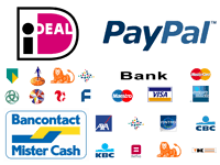 Logo's voor diverse online betaalmethoden, waaronder iDEAL, PayPal en creditcards/betaalkaarten.