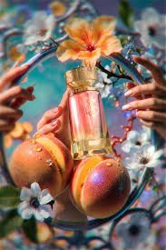Parfumflesje en -doos met gouden accenten, perzikkleurige en bloemenachtergrond.