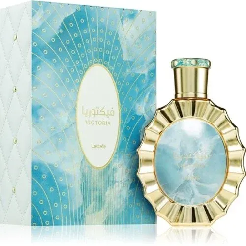 Parfumflesje en doosje. Gouden flesje, blauwe vloeistof, gouden accenten en een bijpassend doosje met patroon.