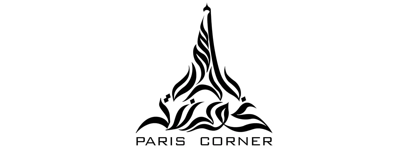 Logo van de Eiffeltoren in zwart met daaronder Arabisch schrift, de tekst luidt