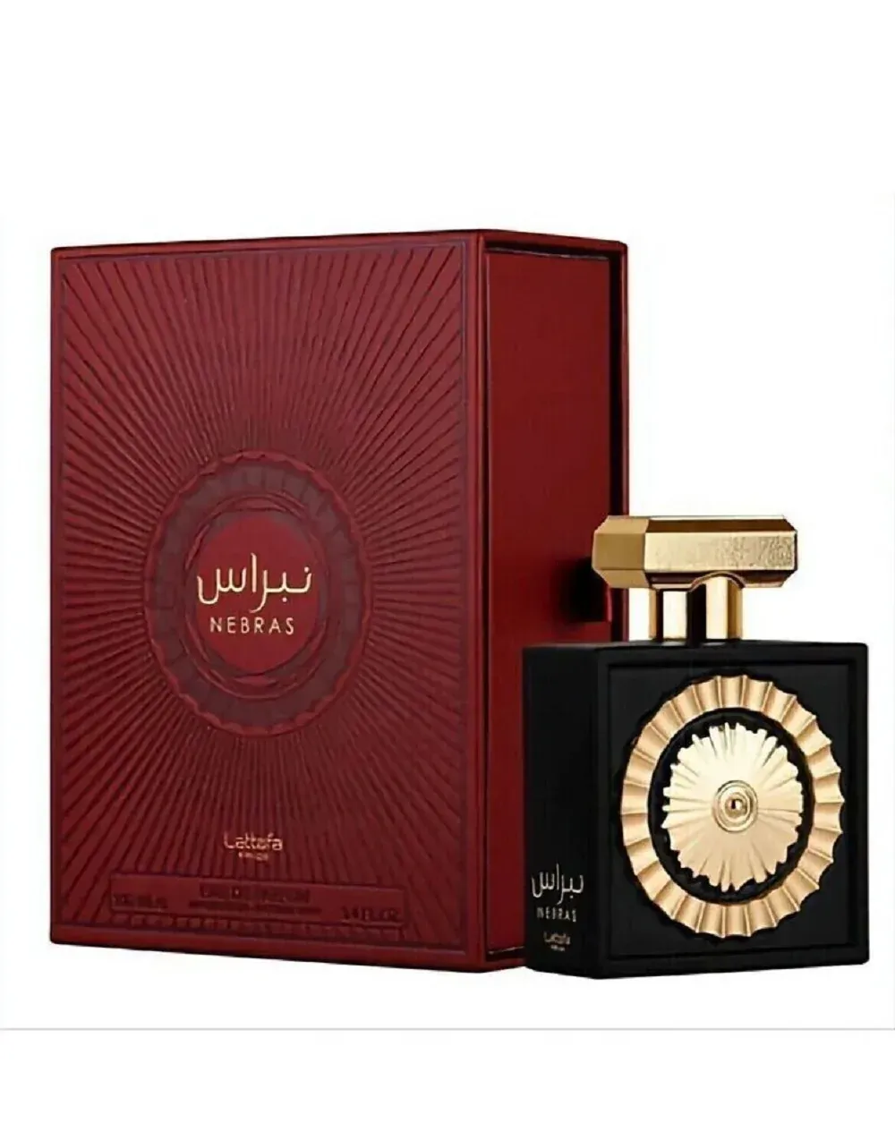 Zwarte parfumfles met gouden accenten en een rode doos.