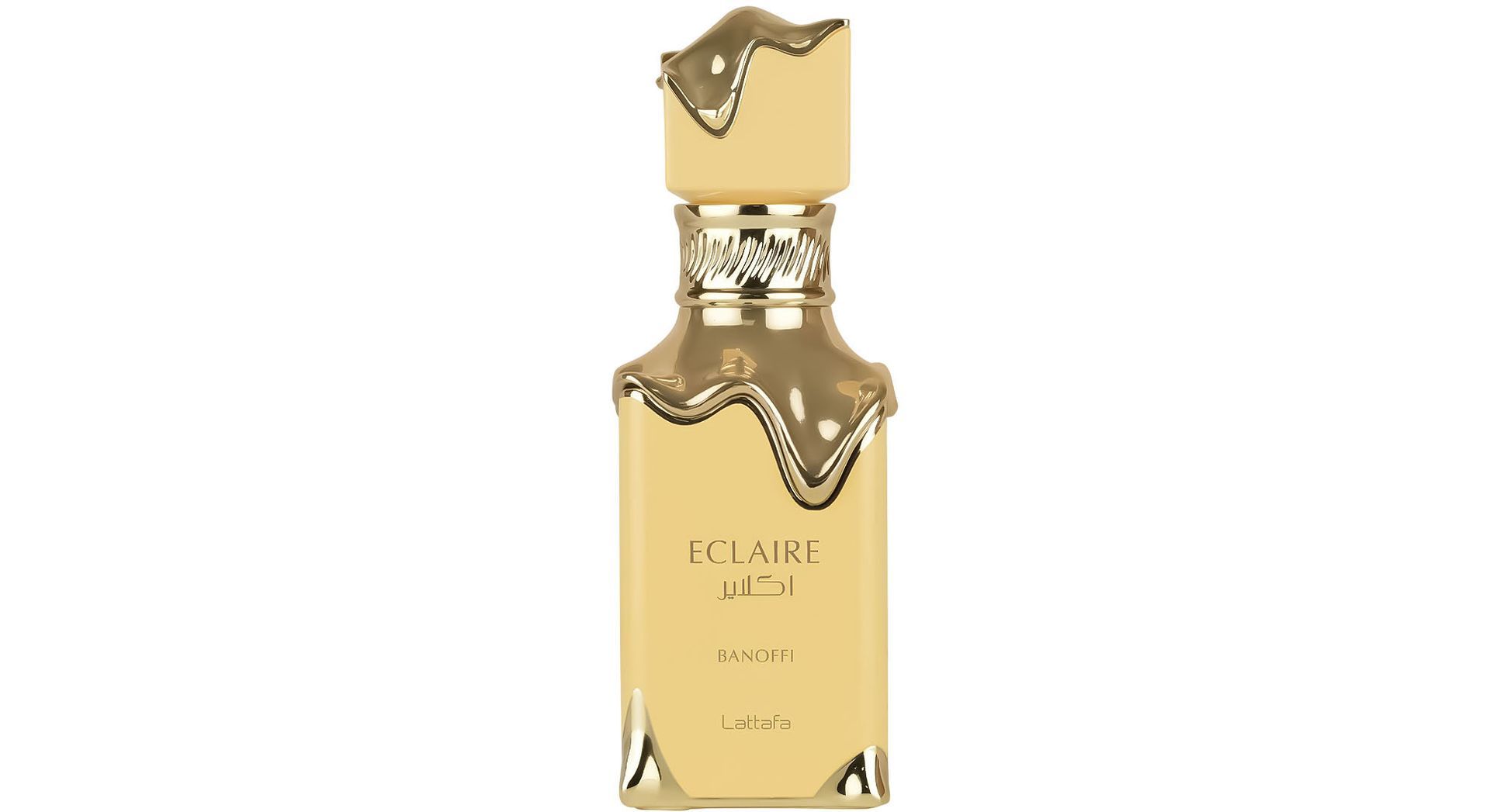 Parfumflesje met gouden accenten en een druipend ontwerp, op een crèmekleurige achtergrond. De tekst