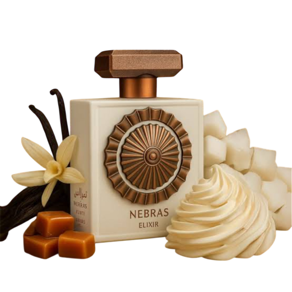 Crèmekleurig parfumflesje met bronzen accenten, omringd door vanilleboon, bloem, karamel en marshmallow.
