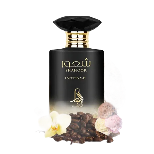Zwart-gouden parfumflesje met Arabisch schrift.