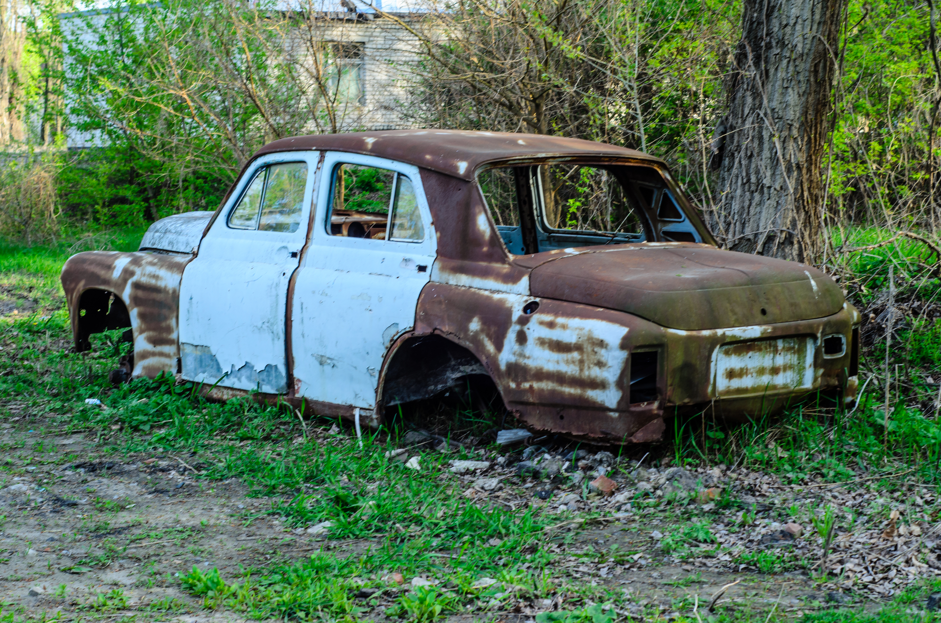 An old rusty car in a backyard in Chicago, IL, ready for eco-friendly junk car buying and removal by Cash for Cars.