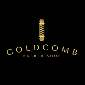 Goldcomb Barber Shop logo with gold text and barber pole on black background.