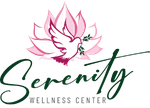 A logo for serenity wellness center with a dove and a lotus flower