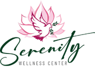 A logo for serenity wellness center with a dove and a lotus flower