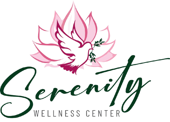 A logo for serenity wellness center with a dove and a lotus flower