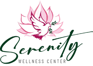 A logo for serenity wellness center with a dove and a lotus flower