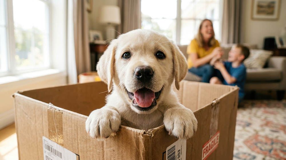 Golden retriever puppy peeking over a cardboard box in a living room, with two people blurred in the background