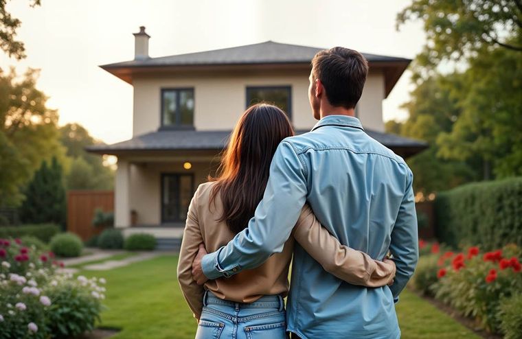 Couple embracing in a garden, standing in front of a two-story house at sunset