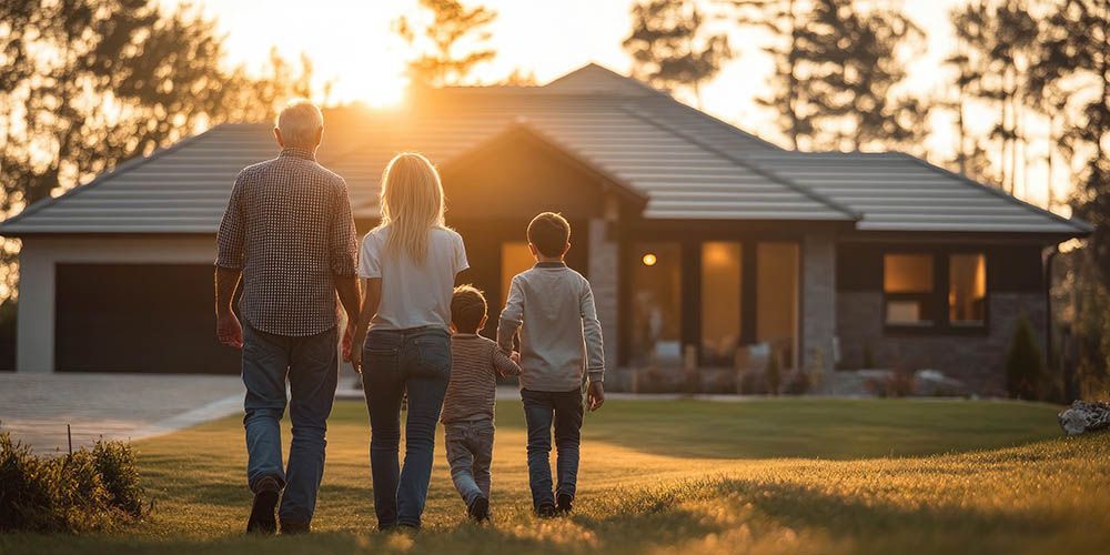 Family walking toward a modern house at sunset, with warm light on the front yard.