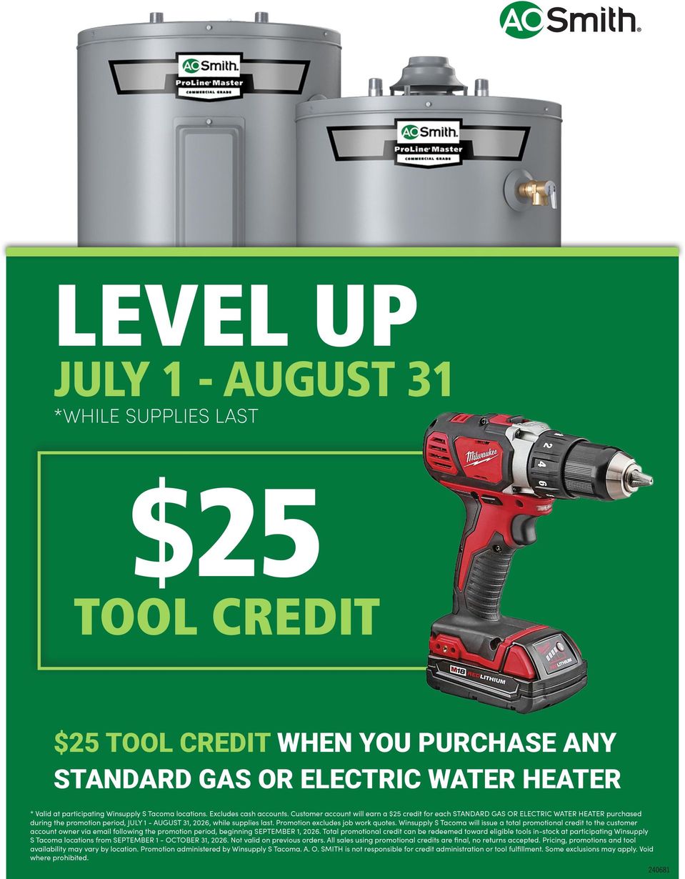 A. O. Smith water heater sale ad with two gray heaters and a red drill, offering a $25 tool credit July 1-August 31