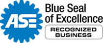 ASE Blue Seal of Excellence Recognized Business badge in blue, black, and white | Sunshine Service Automotive Specialists