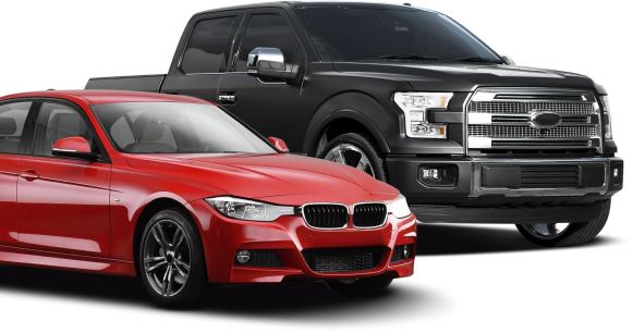 Red BMW sedan in front of a black Ford pickup truck on a white background | Sunshine Service Automotive Specialists