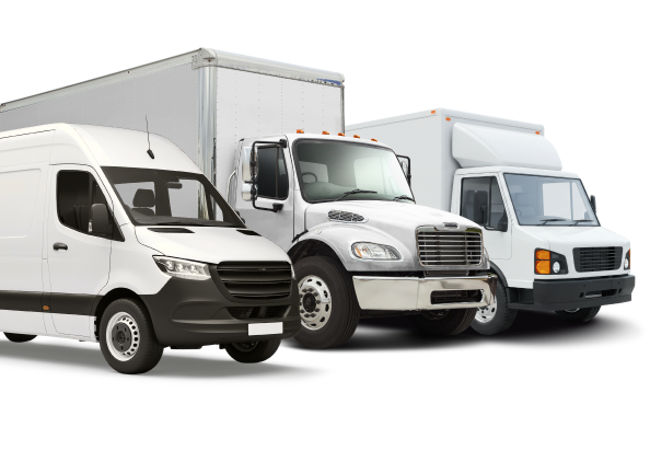 Three white box trucks parked side by side on a white background | Sunshine Service Automotive Specialists