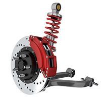 Red car suspension and brake assembly with coil spring and disc rotor on white background | Sunshine Service Automotive Specialists