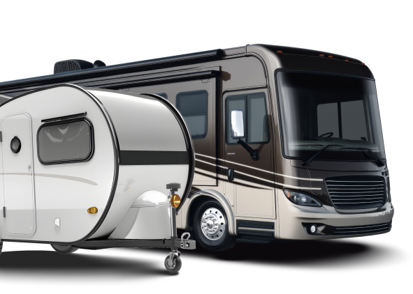 Luxury RV and small travel trailer side by side on a white background | Sunshine Service Automotive Specialists