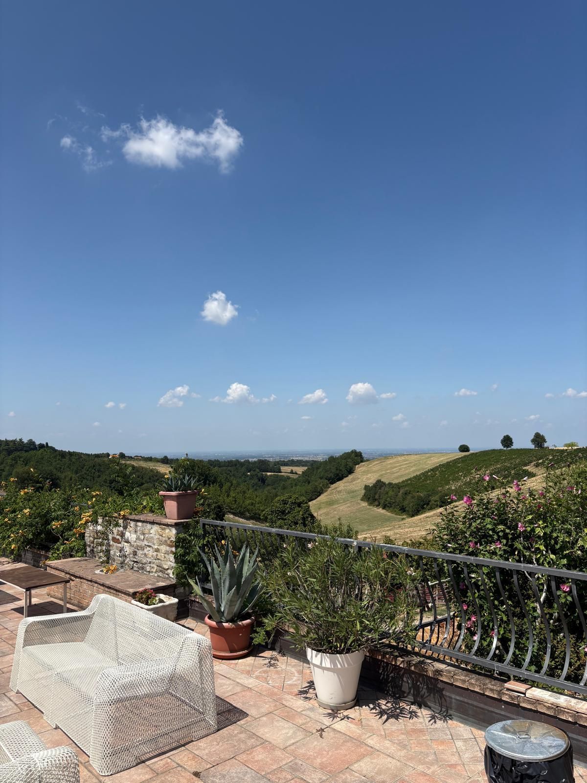 Patio con piante in vaso affacciato su una verde collina sotto un cielo azzurro e limpido.