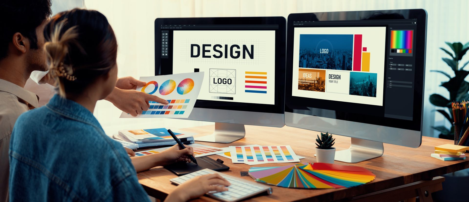Designer working at a desk with dual monitors, color swatches, and design mockups in a modern office