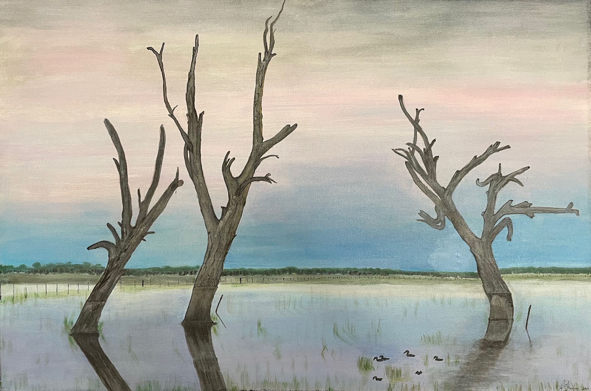 A painting of three dead trees in a lake.